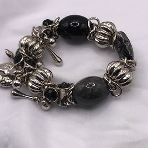 Silver-tone and Black Stretch Glass Bead Bracelet